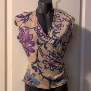 Forever 21 Purple and Cream Floral Wrap Blouse